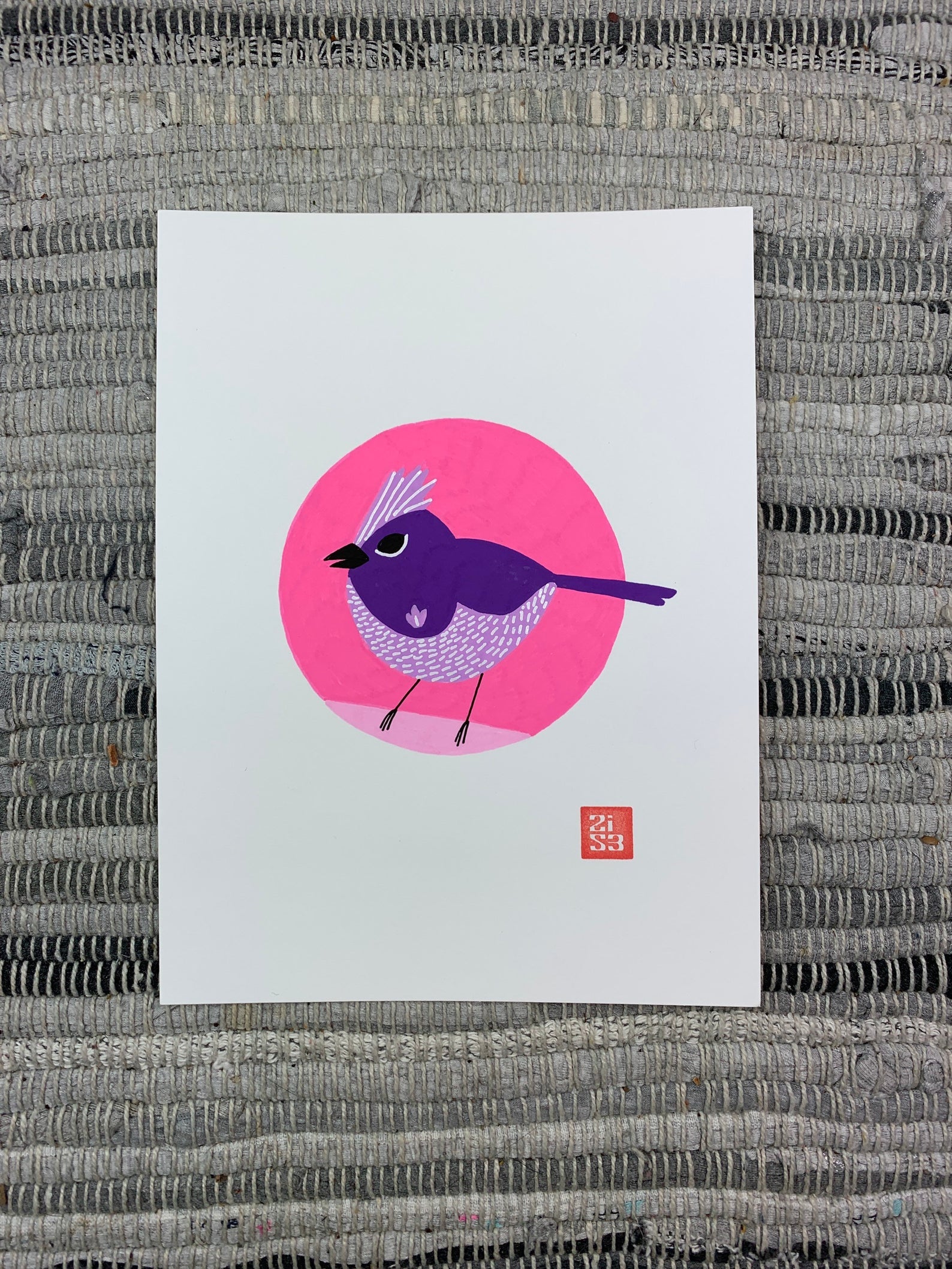 Original artwork of a fictitious bird with purple plumage based on a famous 1999 awards show outfit worn by Lil Kim.