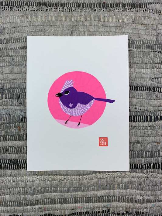 Original artwork of a fictitious bird with purple plumage based on a famous 1999 awards show outfit worn by Lil Kim.