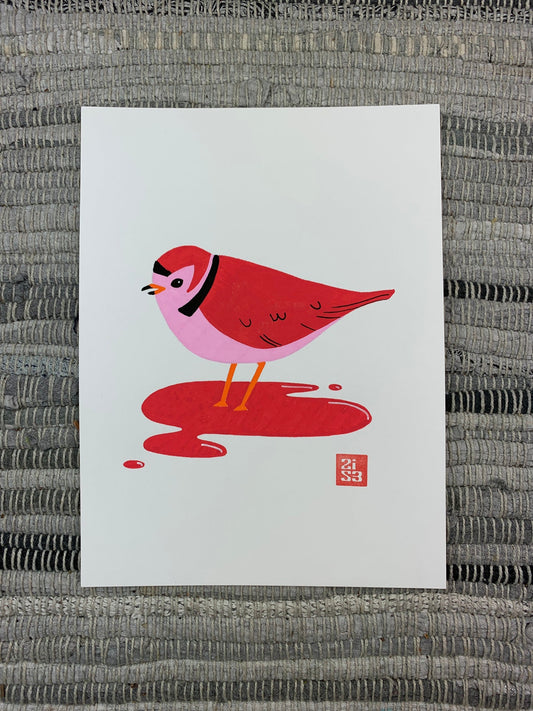 Original artwork of a fictitious bird with bright red plumage standing in a pool of blood.