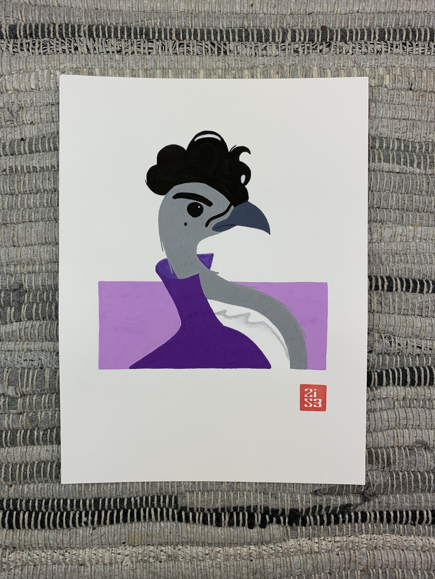 Original artwork of a fictitious bird based on a caricature of the artist Prince.