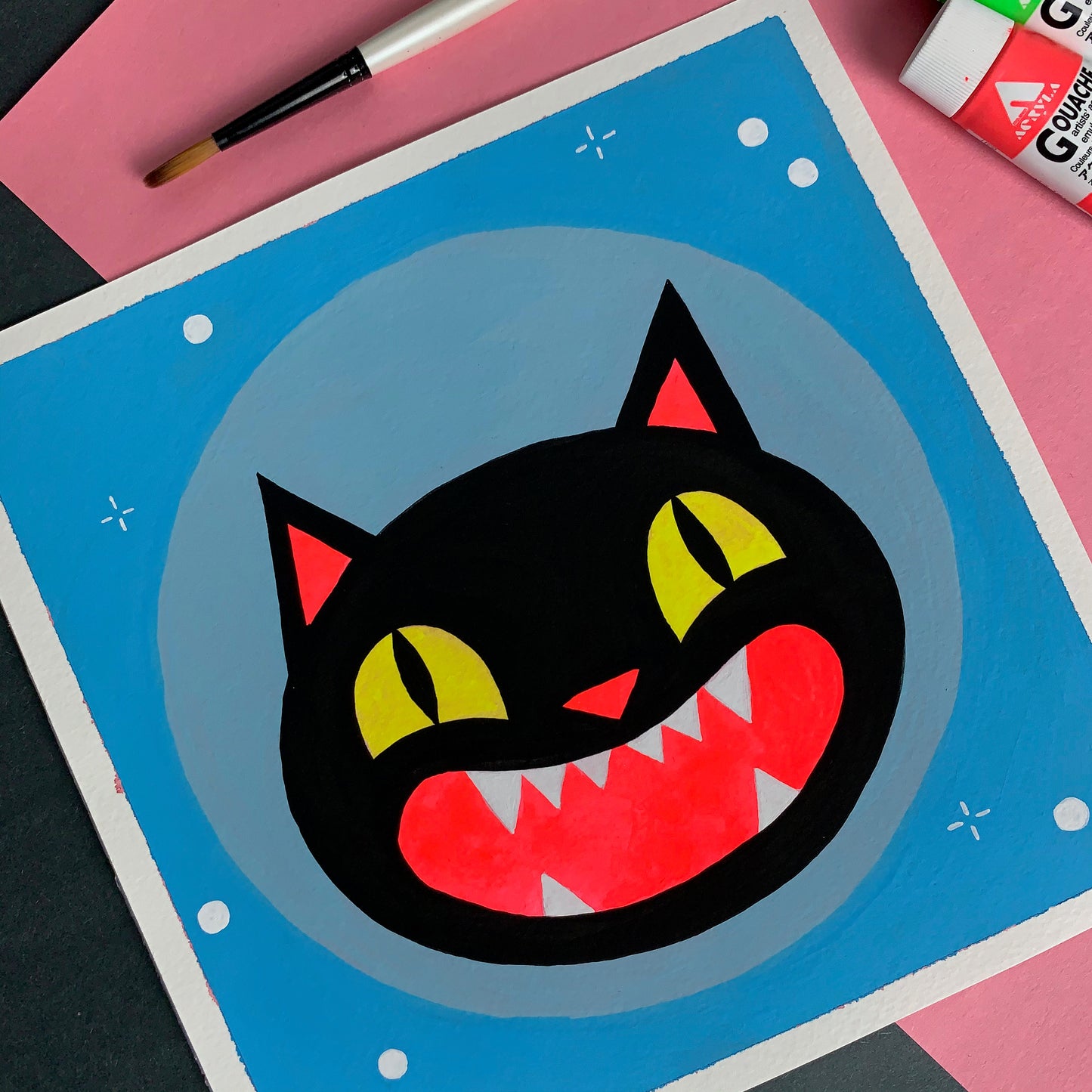 "Black Cat" Original Artwork | UV Reactive Gouache Painting
