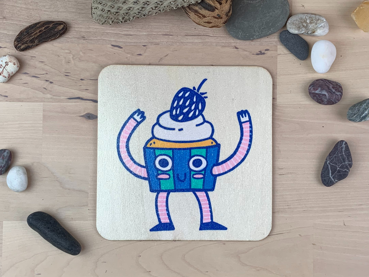 "Cupcake I" - Painting of anthropomorphic cupcakes on 6" square wood panel.