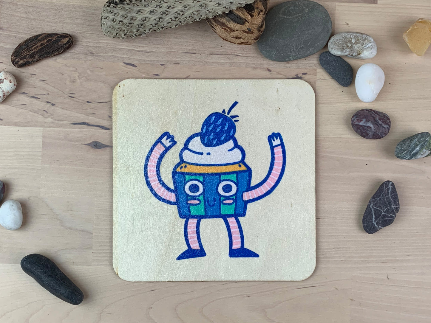 "Cupcake II" - Painting of anthropomorphic cupcakes on 6" square wood panel.