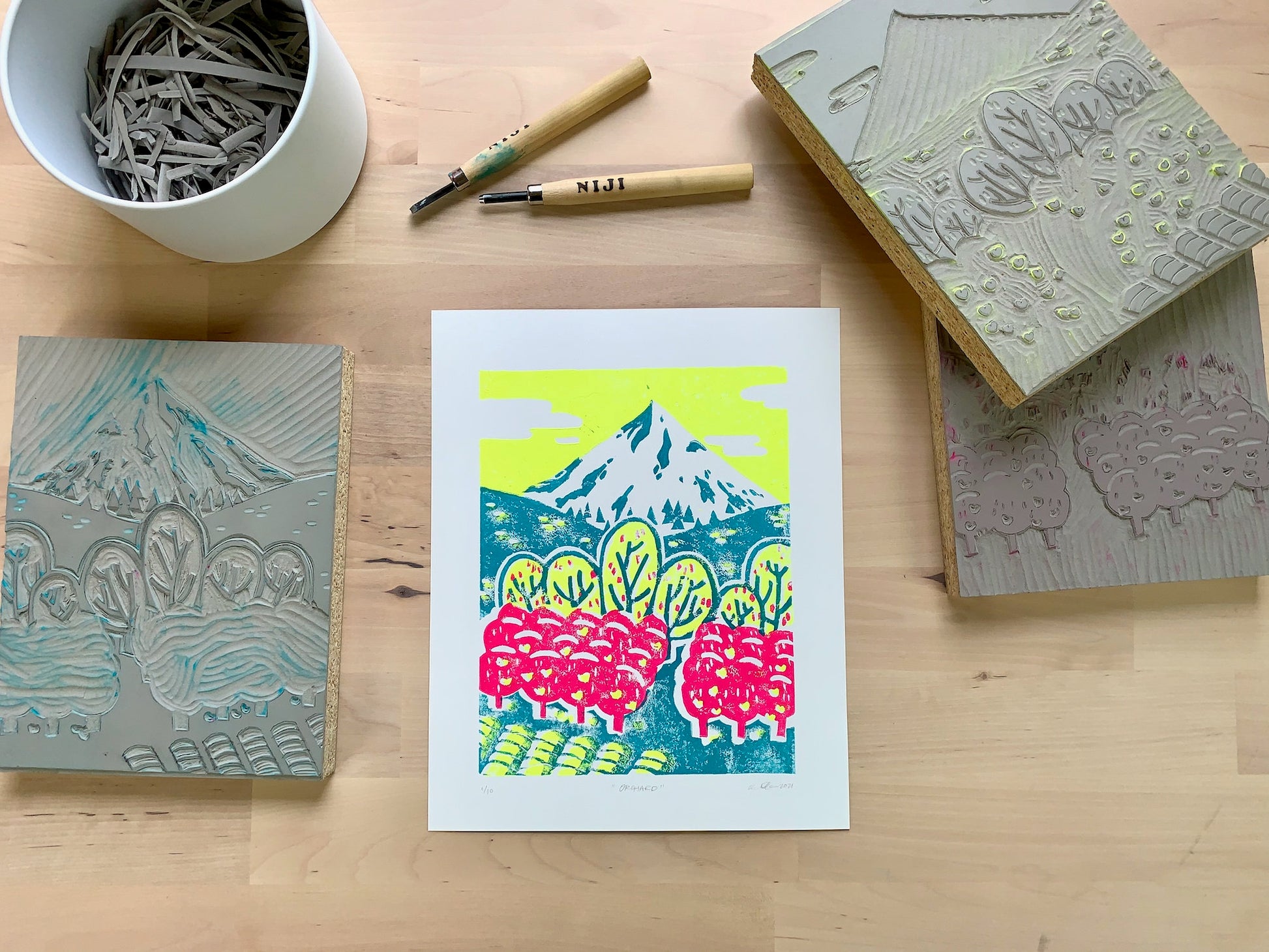 Original linoleum block print artwork showing an orchard in Oregon's "Fruit Loop" with a view of Mt Hood.