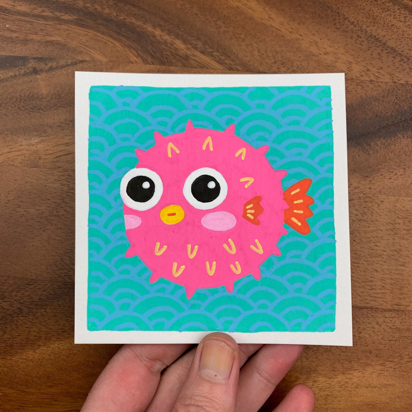 Original artwork of a cute pink puffer fish. Materials used: Uni-Posca paint markers.