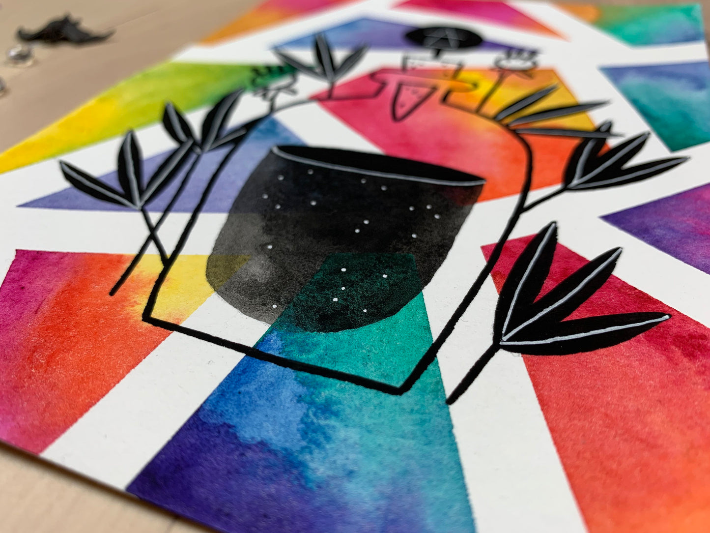 Original artwork depicting a colorful geometric watercolor and gouache painting of a potion bottle.