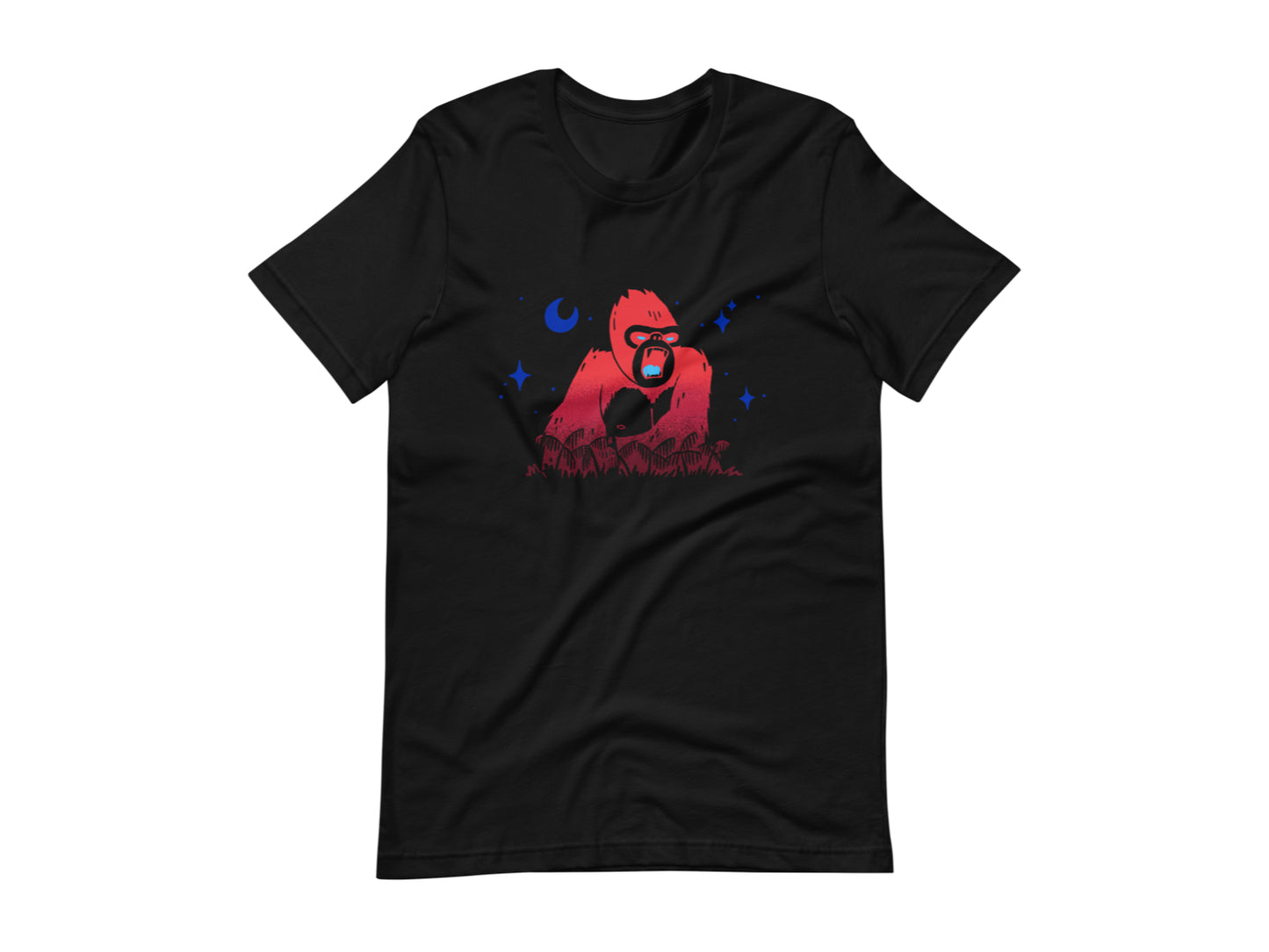 T-shirt with block print style art by Amber Orenstein. Black shirt with red King Kong, blue stars, and light blue eyes/tongue.