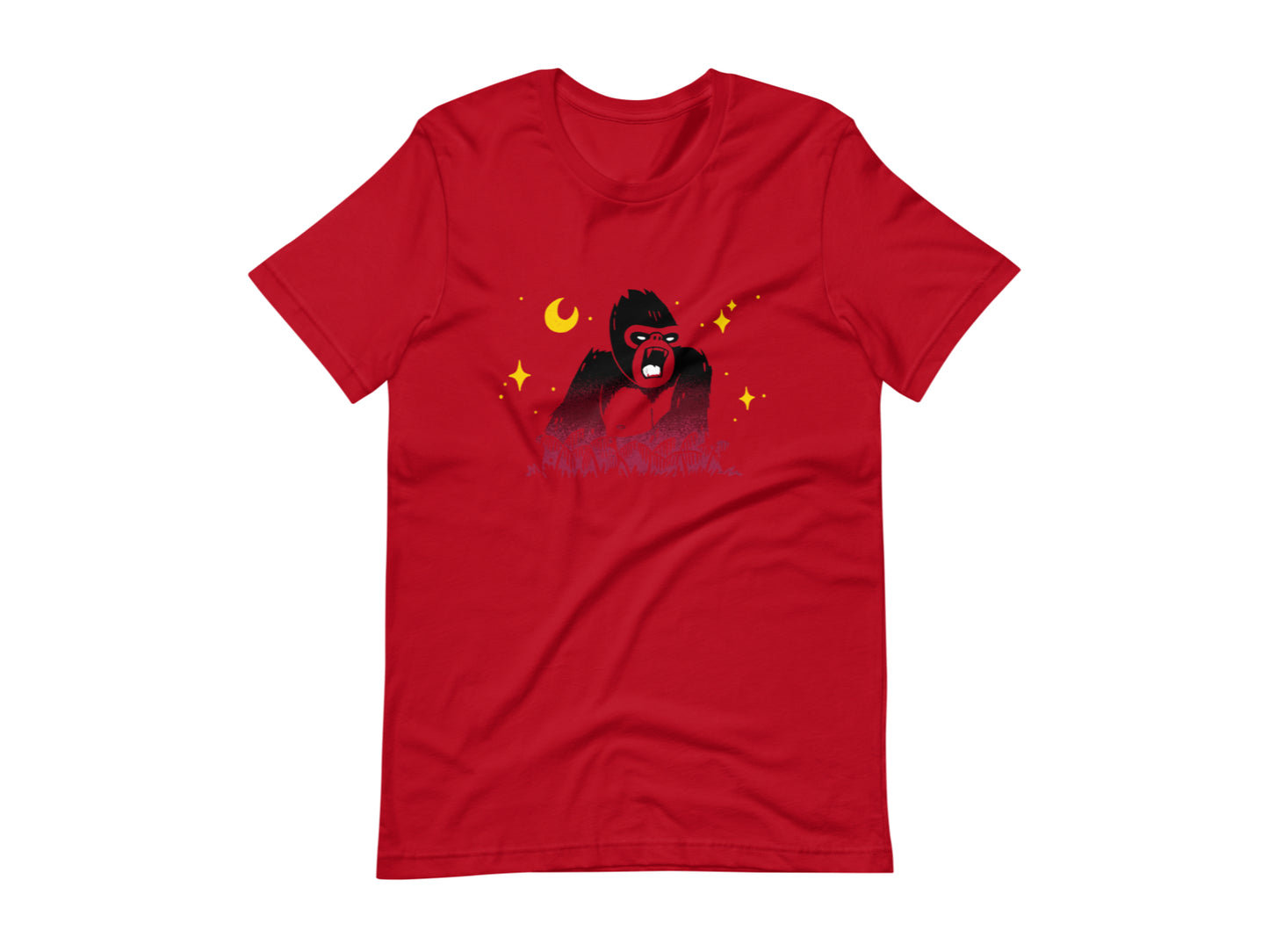 T-shirt with block print style art by Amber Orenstein. Black shirt with black King Kong, yellow stars, and white eyes/tongue.