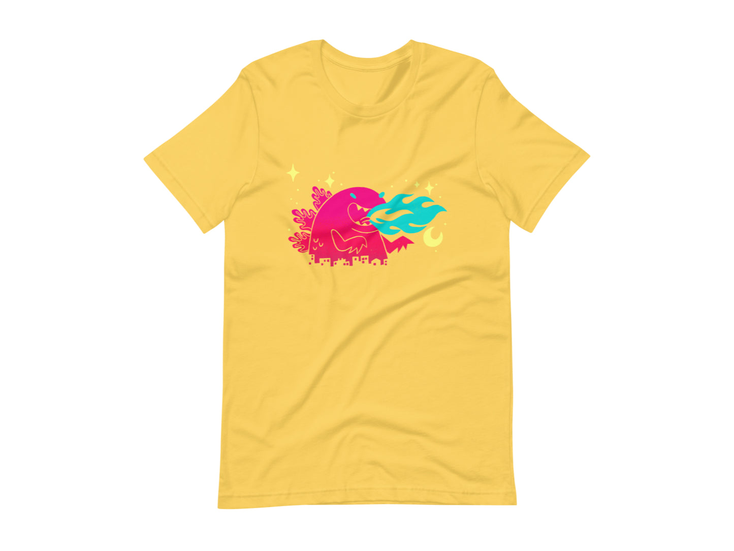 T-shirt with block print style art by Amber Orenstein. Yellow shirt with a pink godzilla, light yellow stars, and turquoise flames coming from his mouth.