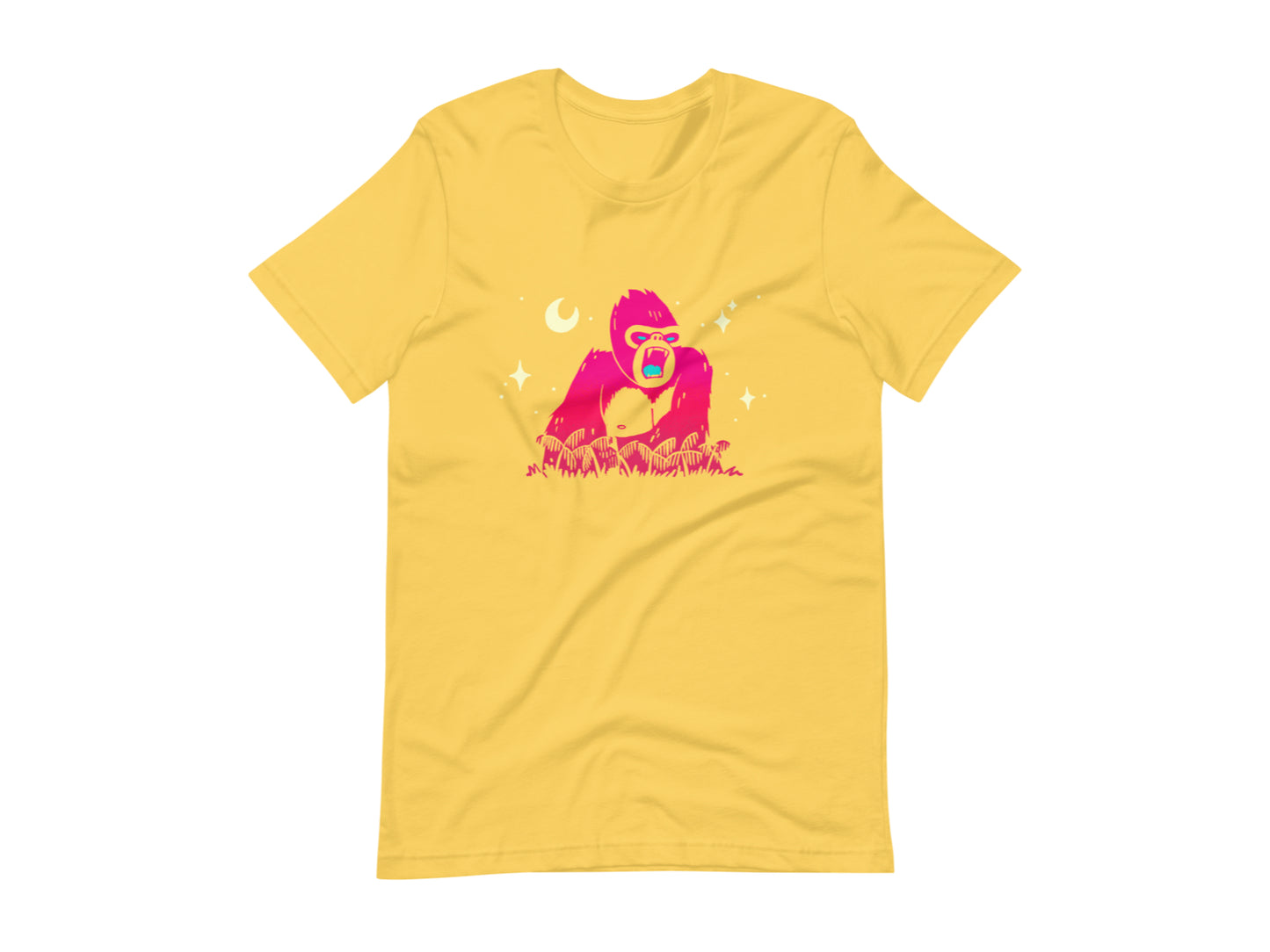 T-shirt with block print style art by Amber Orenstein. Yellow shirt with pink King Kong, yellow stars, and turquoise eyes/tongue.