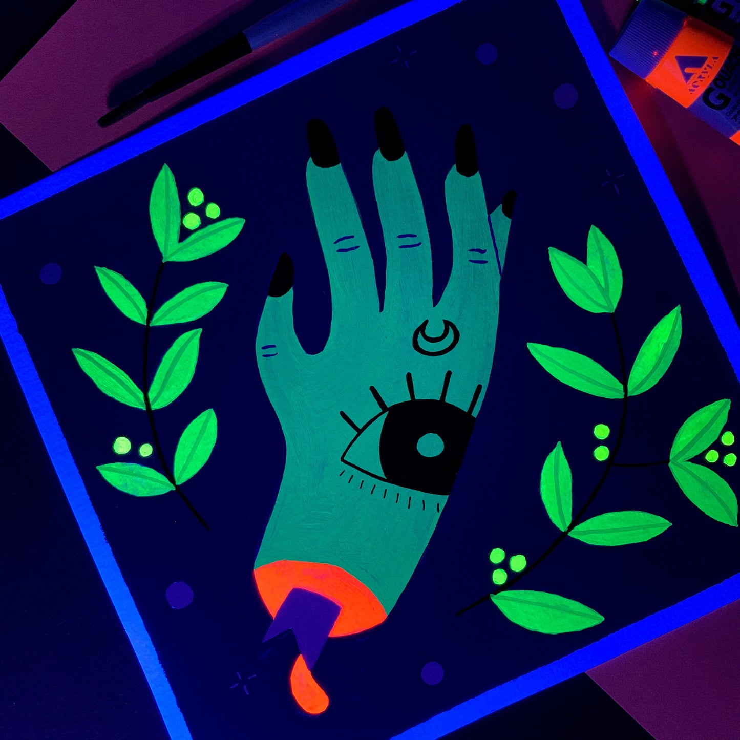 "Witch's Hand" Original Artwork | UV Reactive Gouache Painting