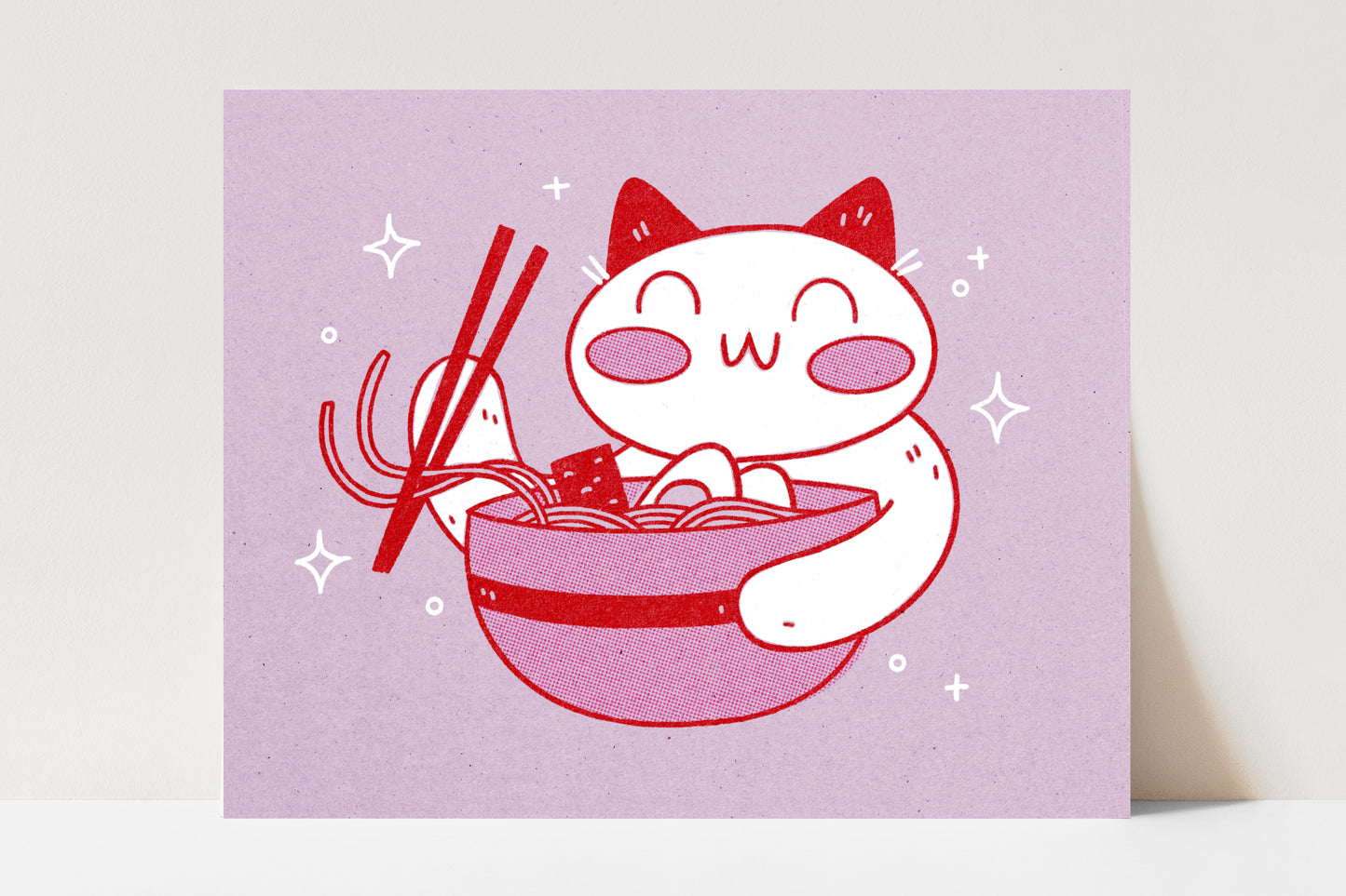 Print of an illustration of cat eating ramen