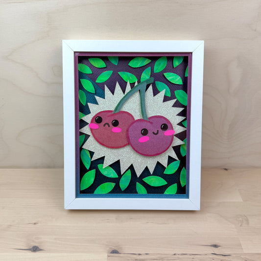 "Tragedy and Comedy Cherries" Framed 3D Layered Paper Cut Art