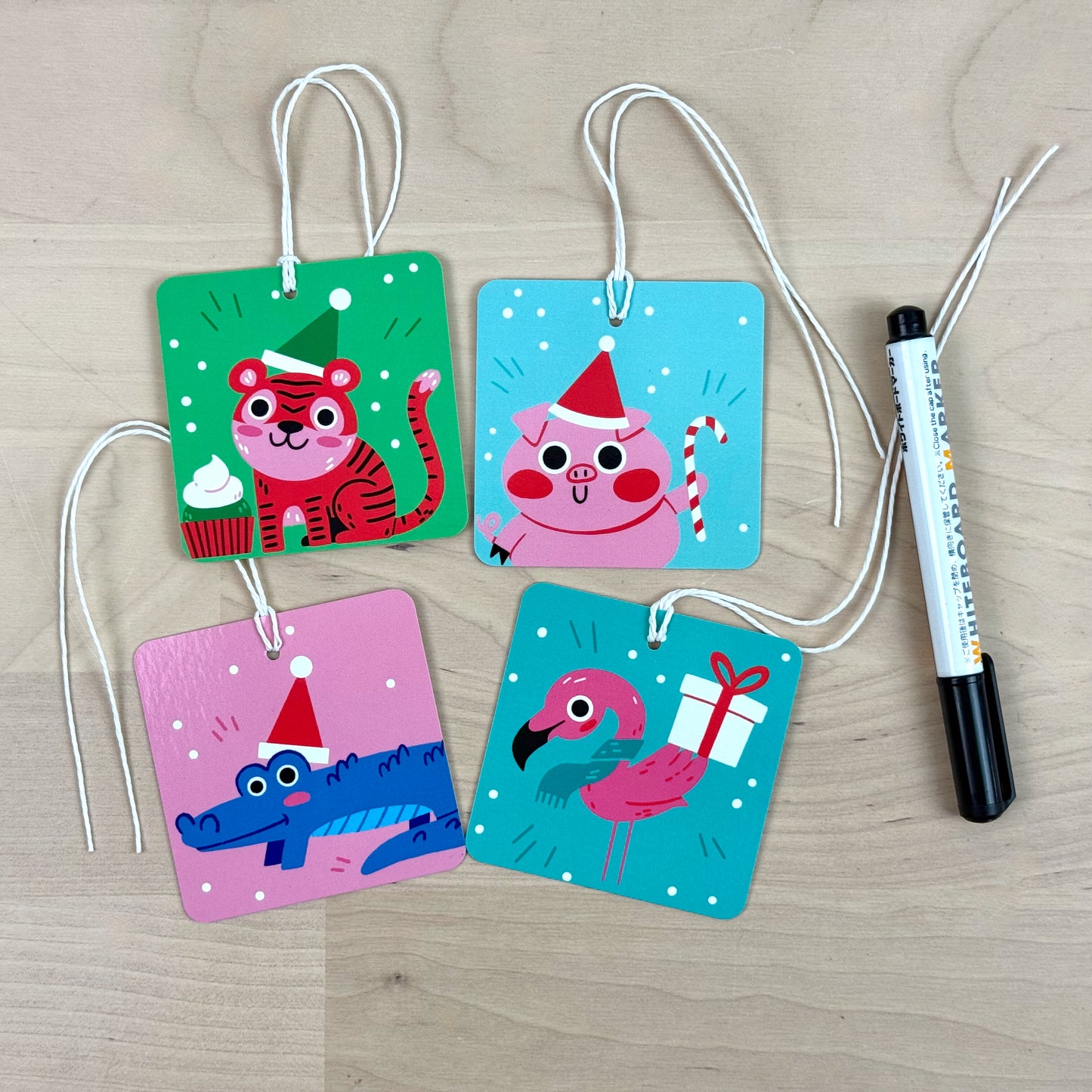Holiday Party Animals set of four holiday greeting cards with matching reusable gift tags