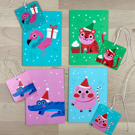 Holiday Party Animals set of four holiday greeting cards with matching reusable gift tags
