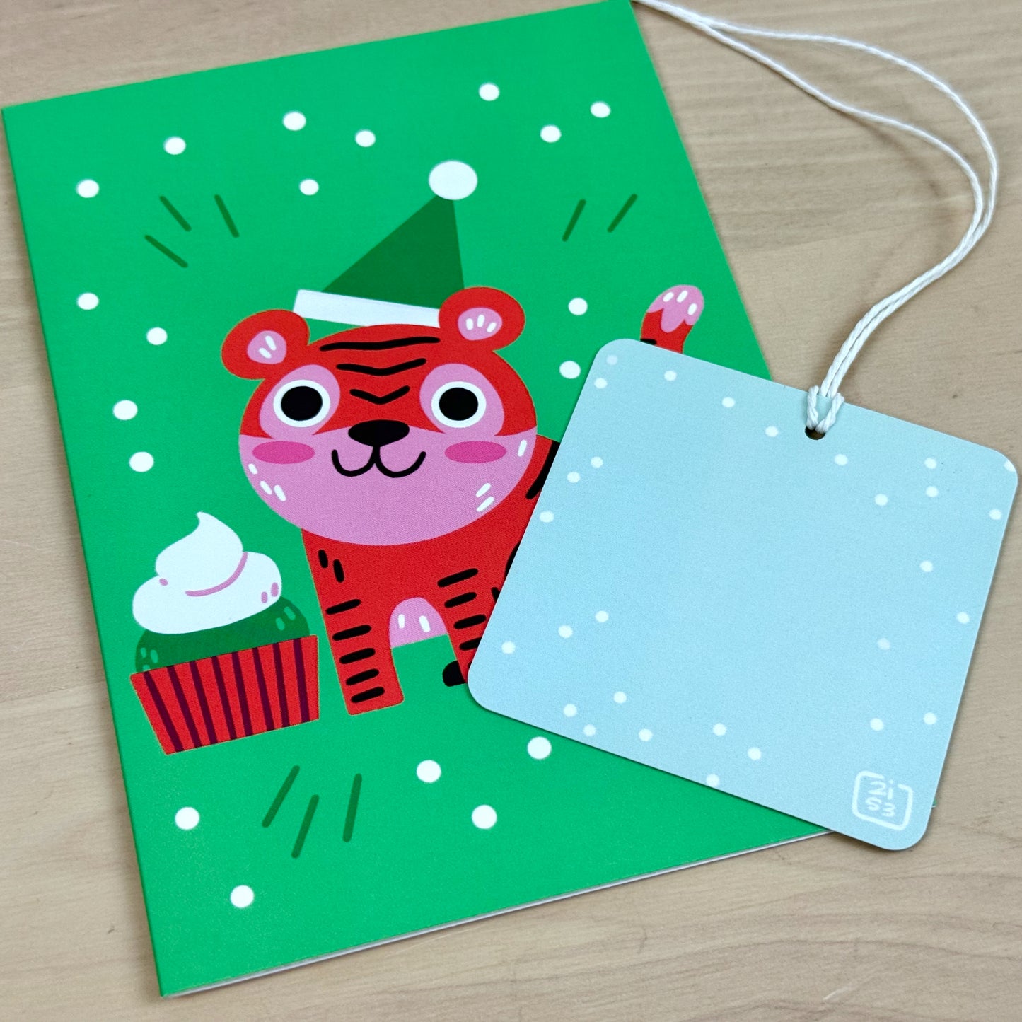 Holiday Party Animals set of four holiday greeting cards with matching reusable gift tags