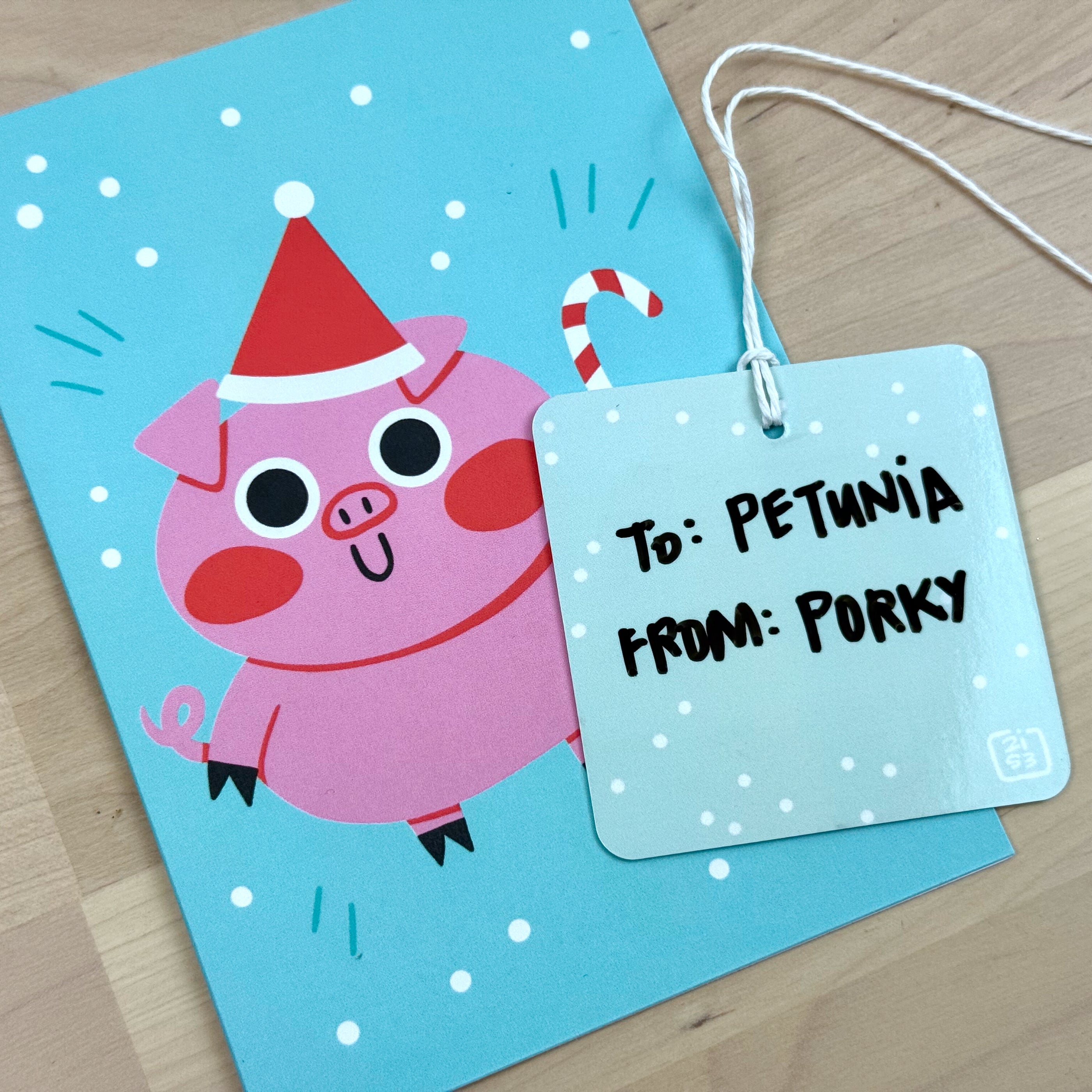 Holiday Party Animals set of four holiday greeting cards with matching reusable gift tags