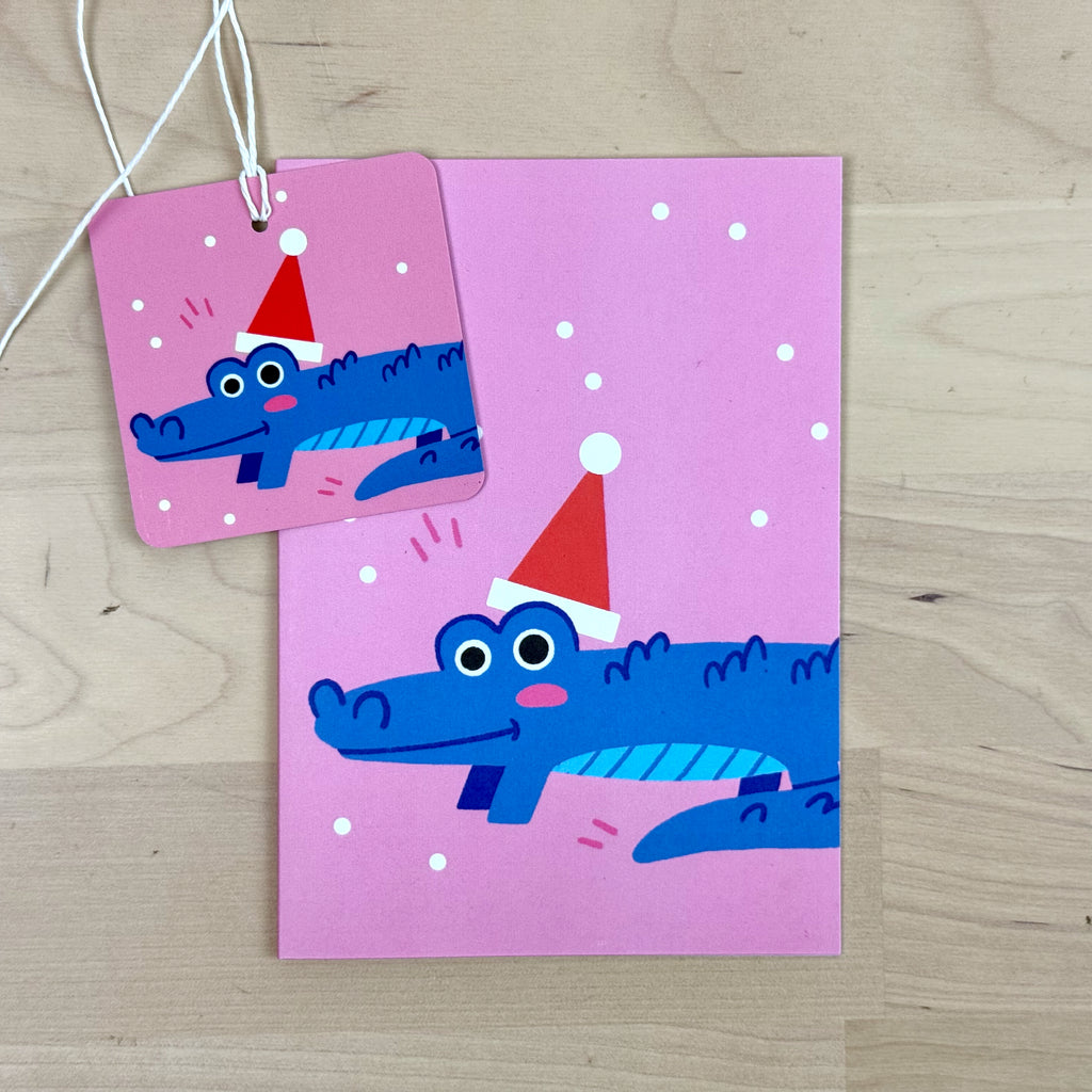 Holiday Party Animals set of four holiday greeting cards with matching reusable gift tags