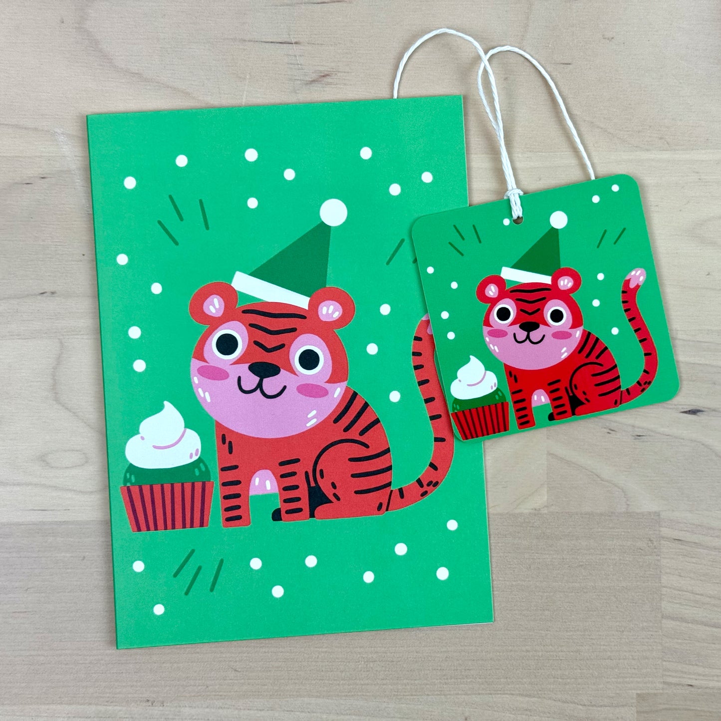 Holiday Party Animals set of four holiday greeting cards with matching reusable gift tags