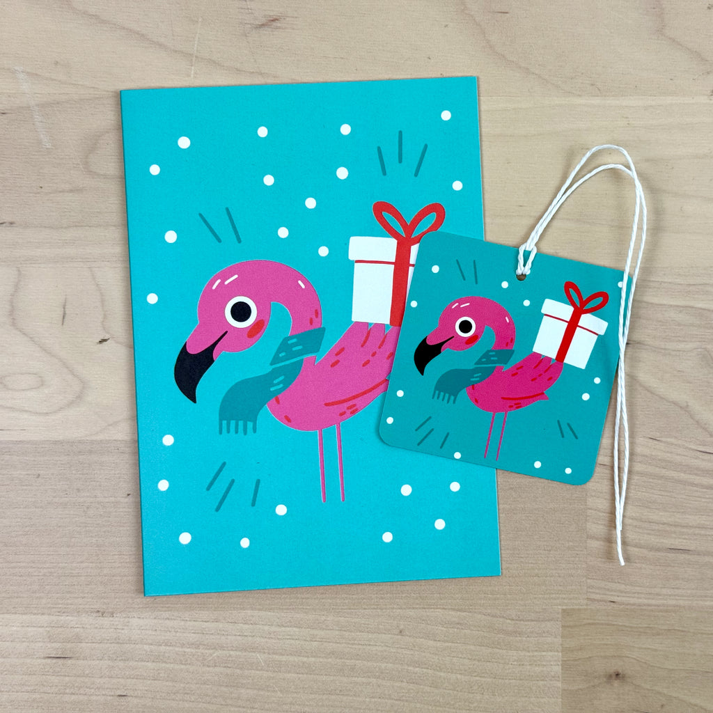 Holiday Party Animals set of four holiday greeting cards with matching reusable gift tags
