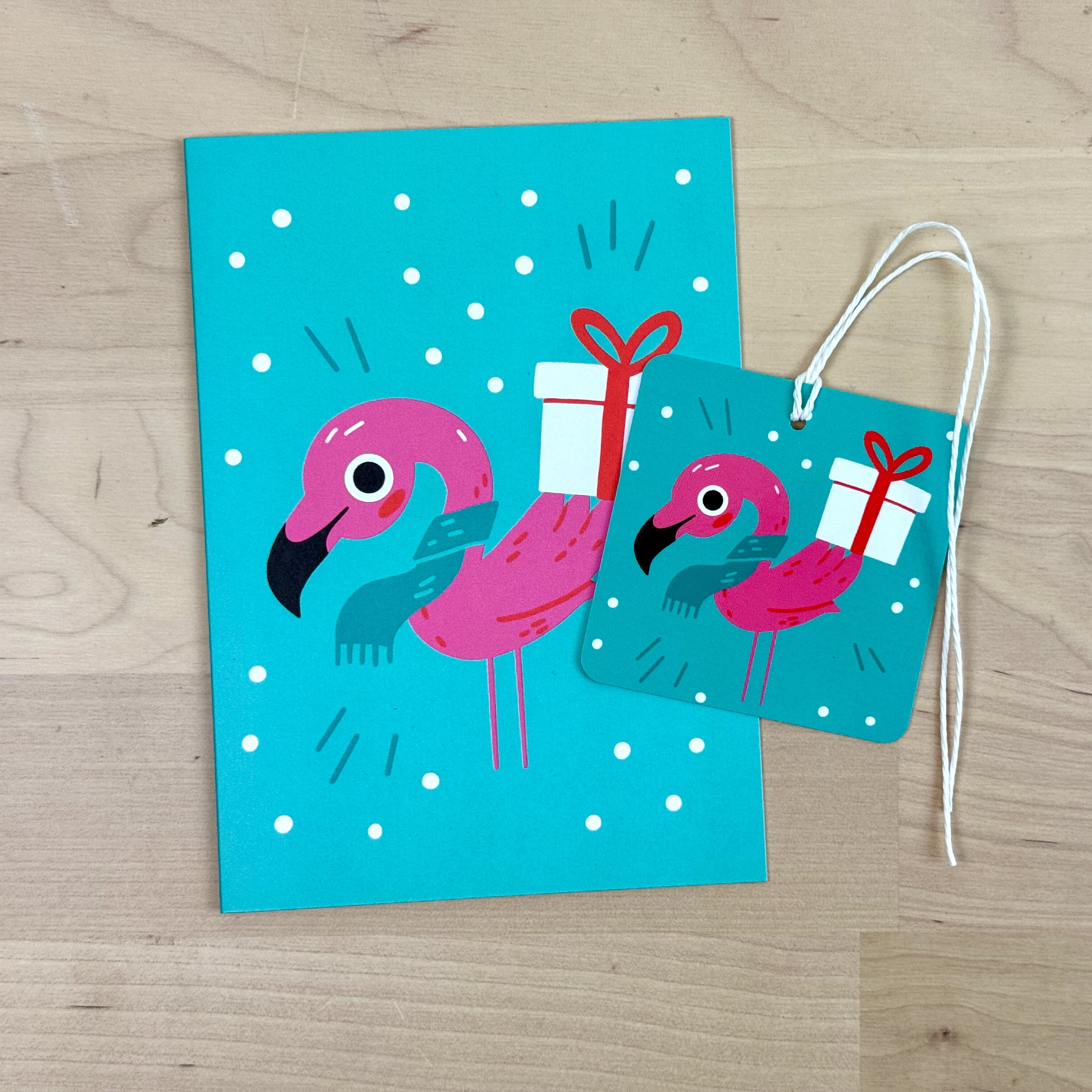 Holiday Party Animals set of four holiday greeting cards with matching reusable gift tags