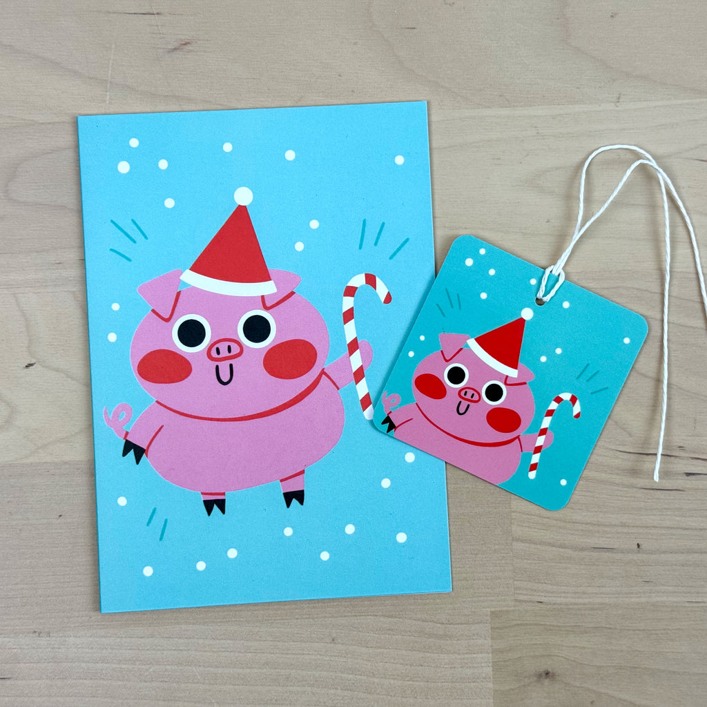 Holiday Party Animals set of four holiday greeting cards with matching reusable gift tags