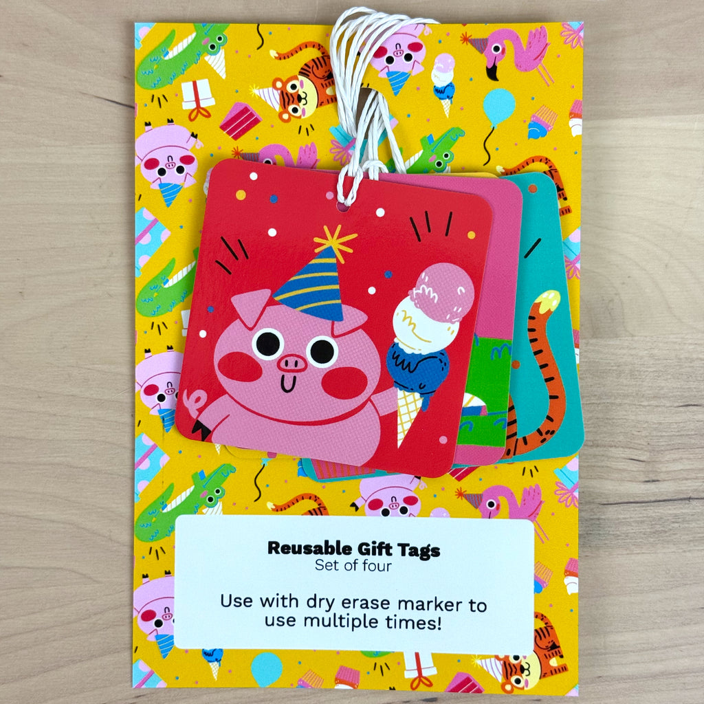 Party Animals set of four birthday greeting cards with matching reusable gift tags