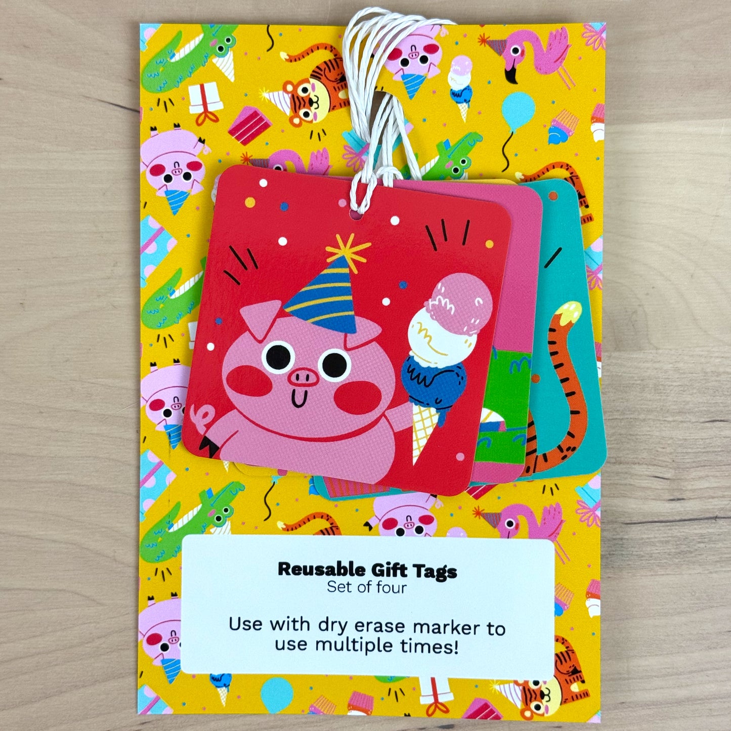 Party Animals set of four birthday greeting cards with matching reusable gift tags