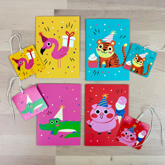 Party Animals set of four birthday greeting cards with matching reusable gift tags