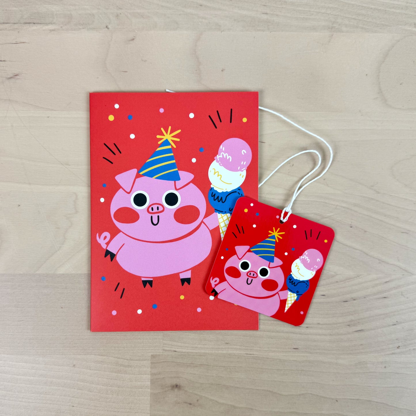 Party Animals set of four birthday greeting cards with matching reusable gift tags