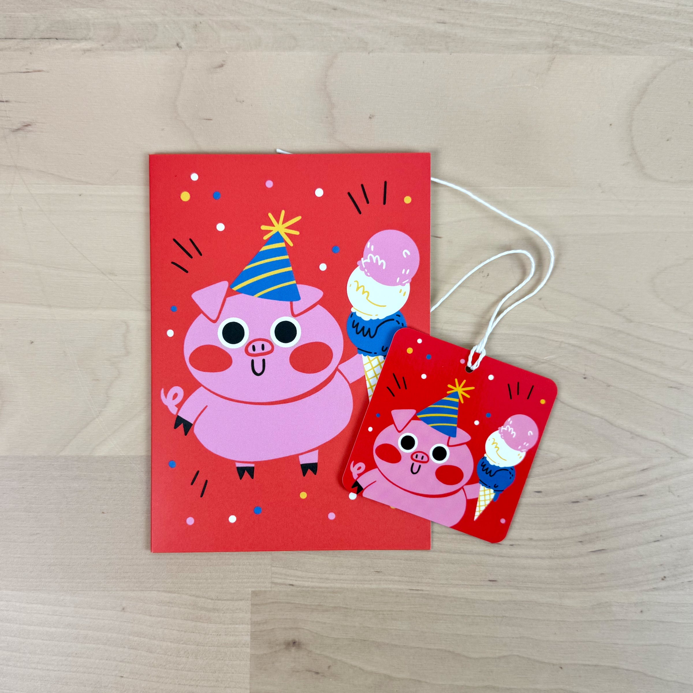 Party Animals set of four birthday greeting cards with matching reusable gift tags