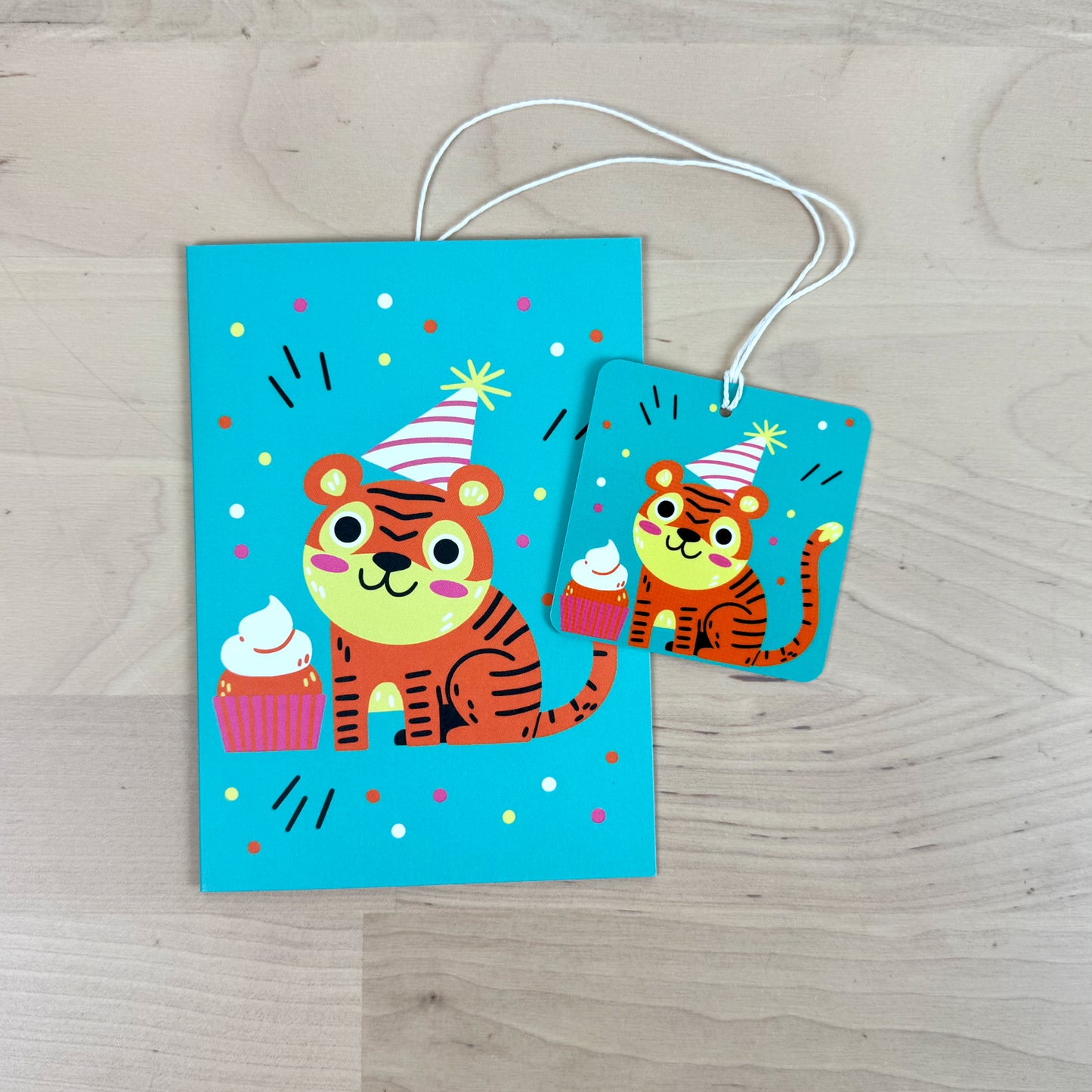 Party Animals set of four birthday greeting cards with matching reusable gift tags