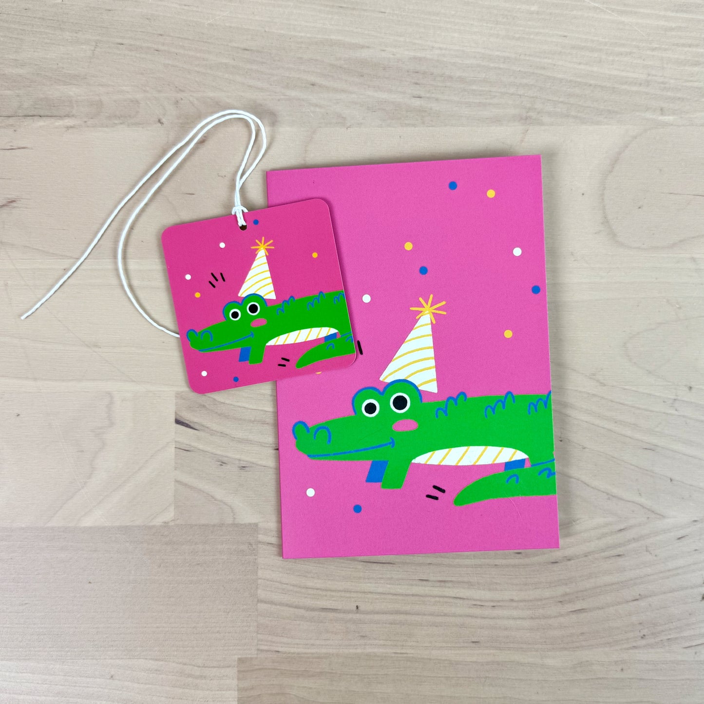 Party Animals set of four birthday greeting cards with matching reusable gift tags