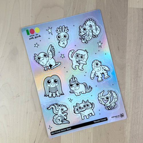 Holographic sticker sheet with cute little monsters you can color