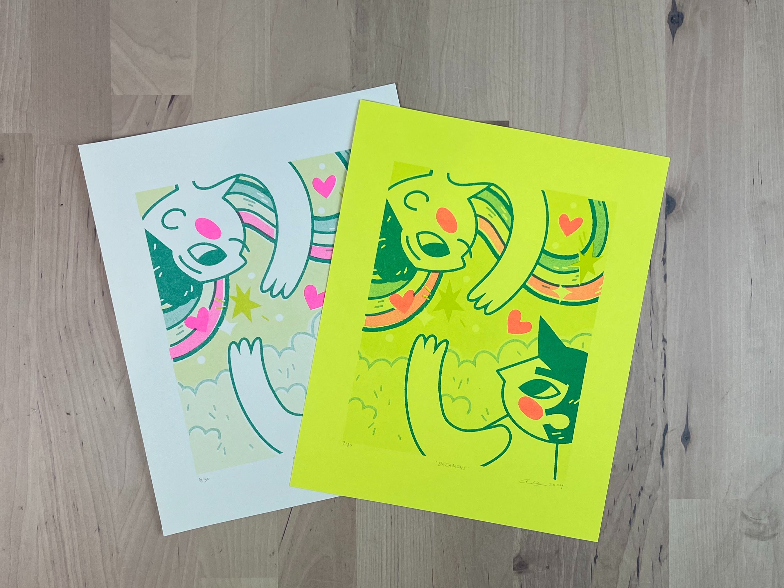 Three color RISO print of two people reaching towards each other with hearts and a rainbow