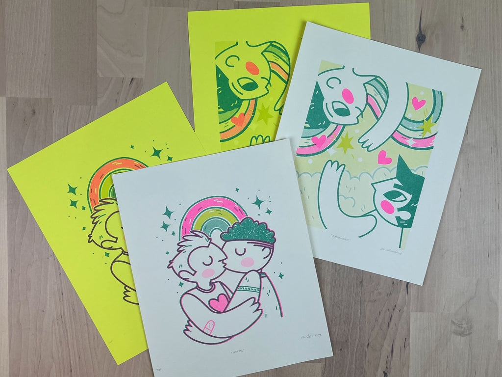 A collection of three color RISO prints around LGBTQ+ love