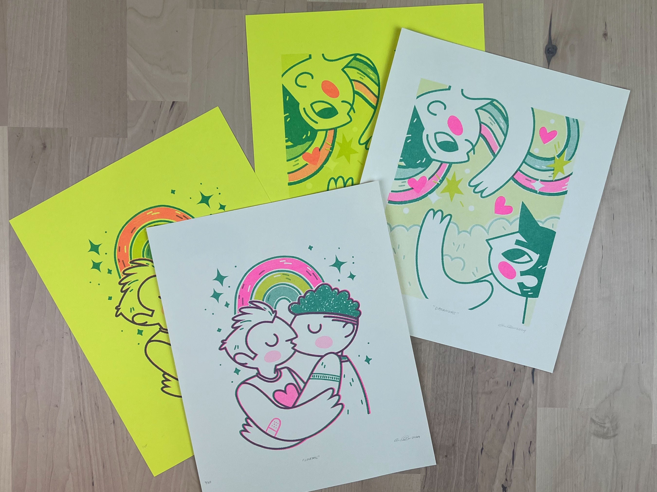 A collection of three color RISO prints around LGBTQ+ love