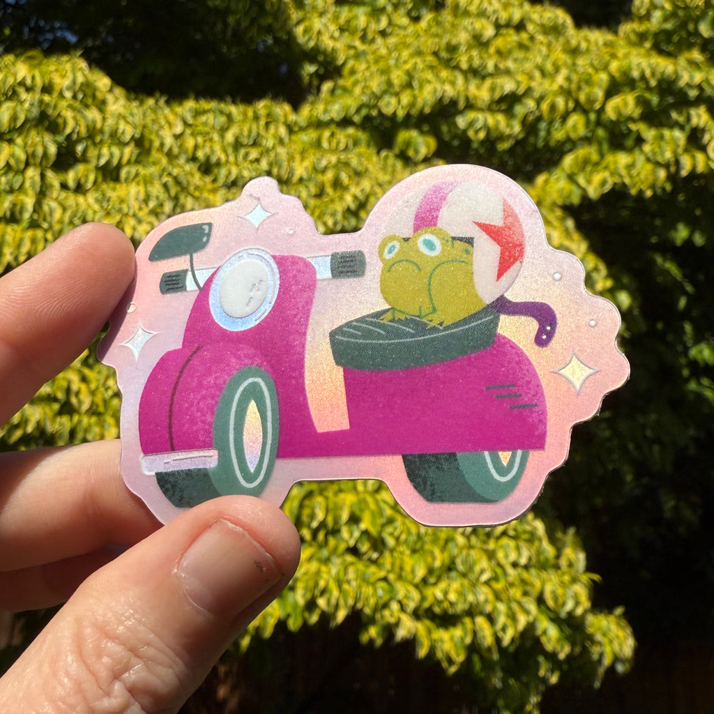 “Jump Start!” sticker holographic vaporwave shininess in the sunshine