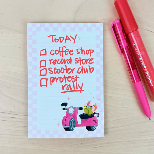 Example of a note written on the Jump Start! grumpy frog on a scooter notepads.