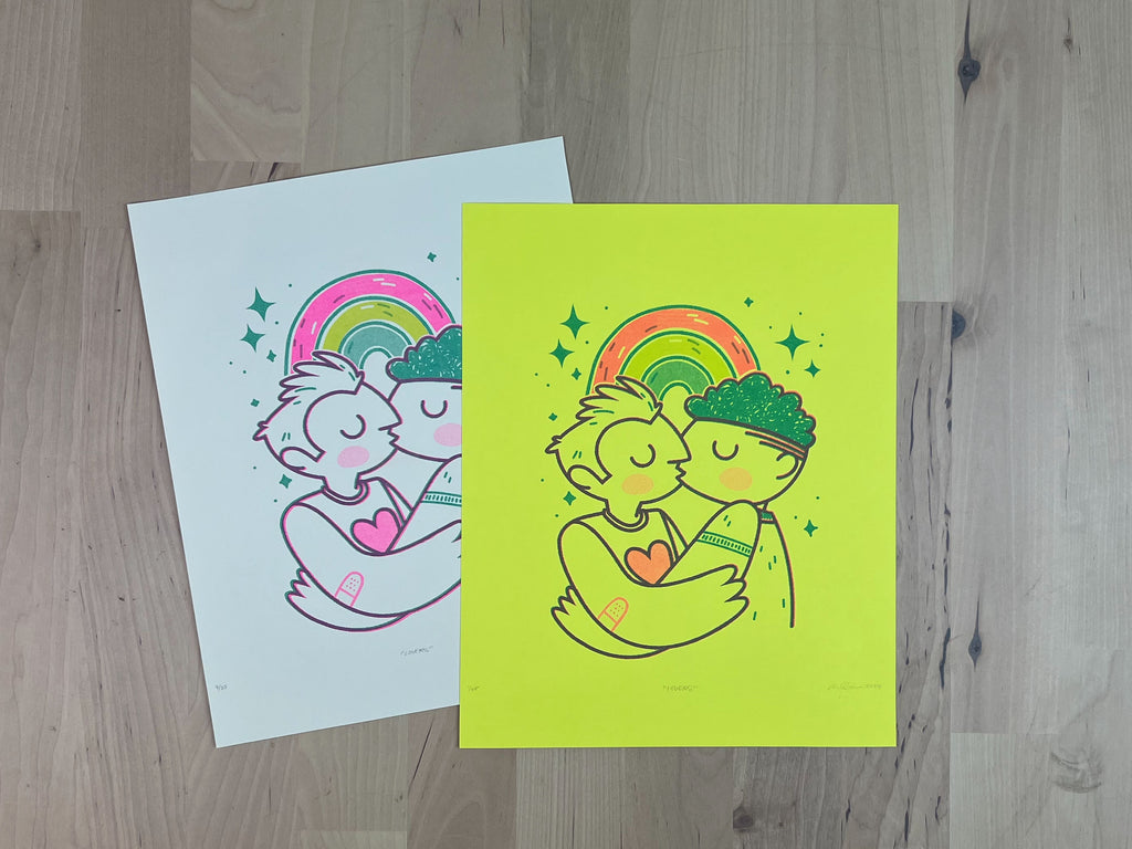 Three color RISO print of two people kissing stars and a rainbow
