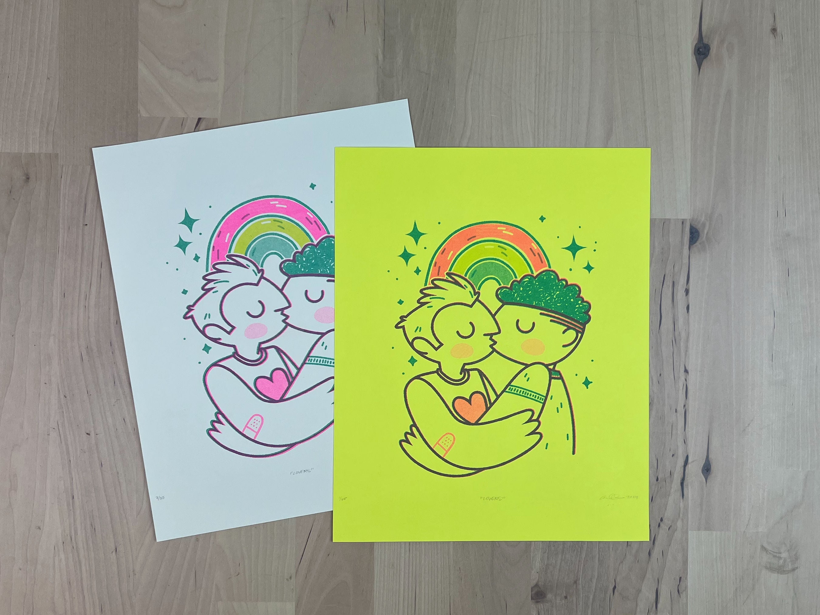 Three color RISO print of two people kissing stars and a rainbow