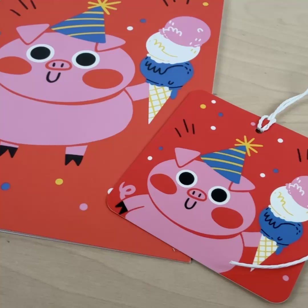 Party Animals set of four birthday greeting cards with matching reusable gift tags