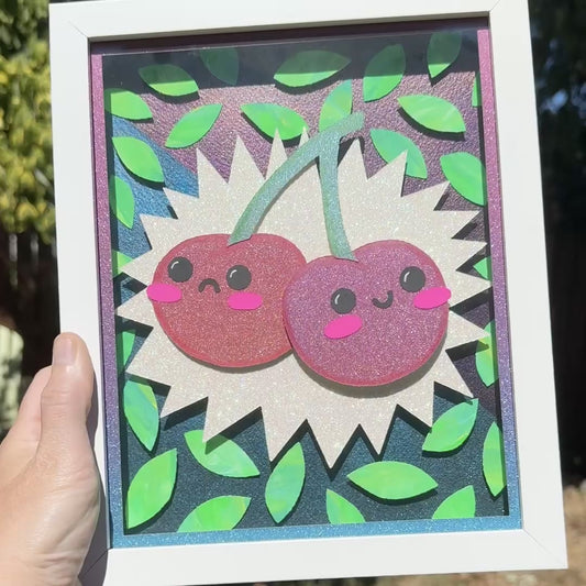 "Tragedy and Comedy Cherries" Framed 3D Layered Paper Cut Art