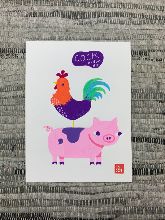 Original artwork of a colorful rooster standing on a pig.