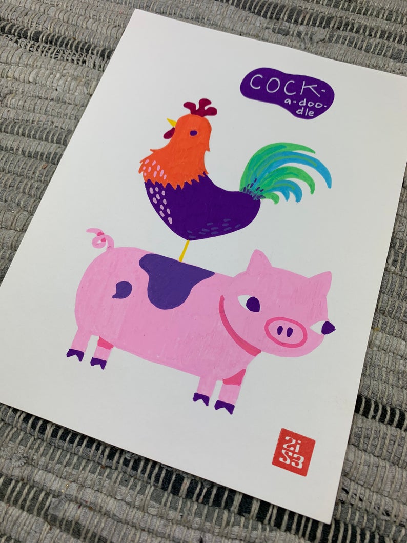 Original artwork of a colorful rooster standing on a pig.