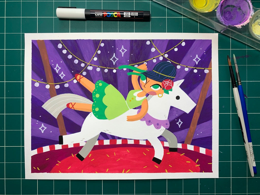 A painting of a woman in a green dress riding a horse under a big top circus tent.