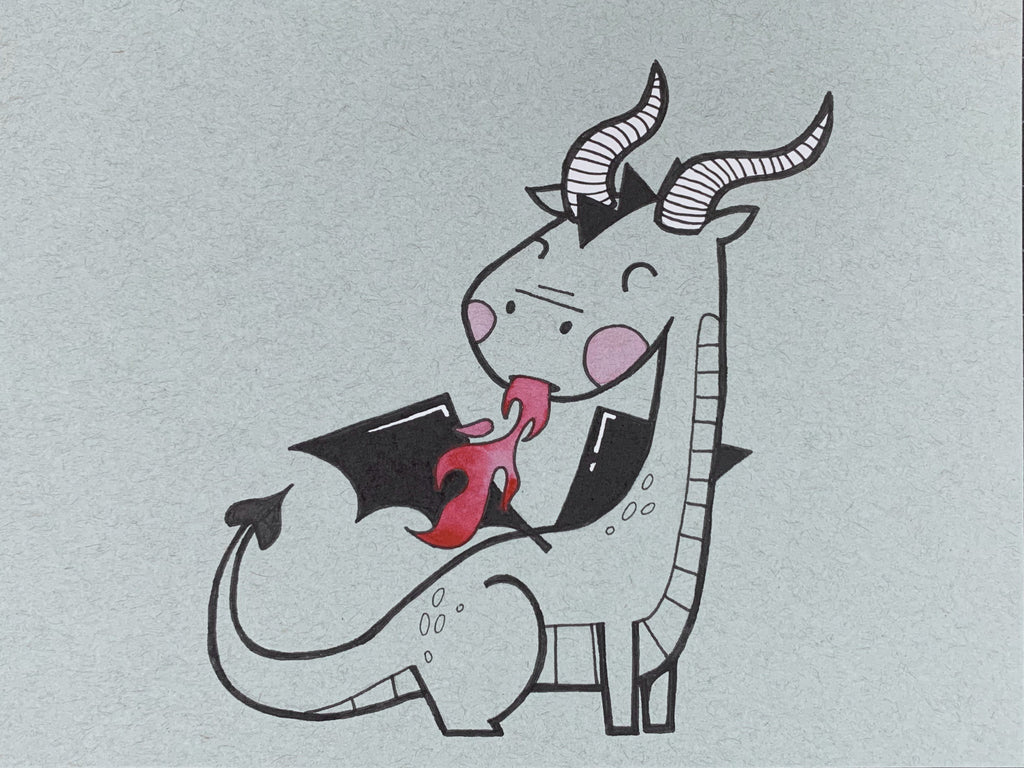Original illustration of a cute dragon with pink cheeks, horns, and wings that is breathing fire. Made using ink, watercolor, and gouache.