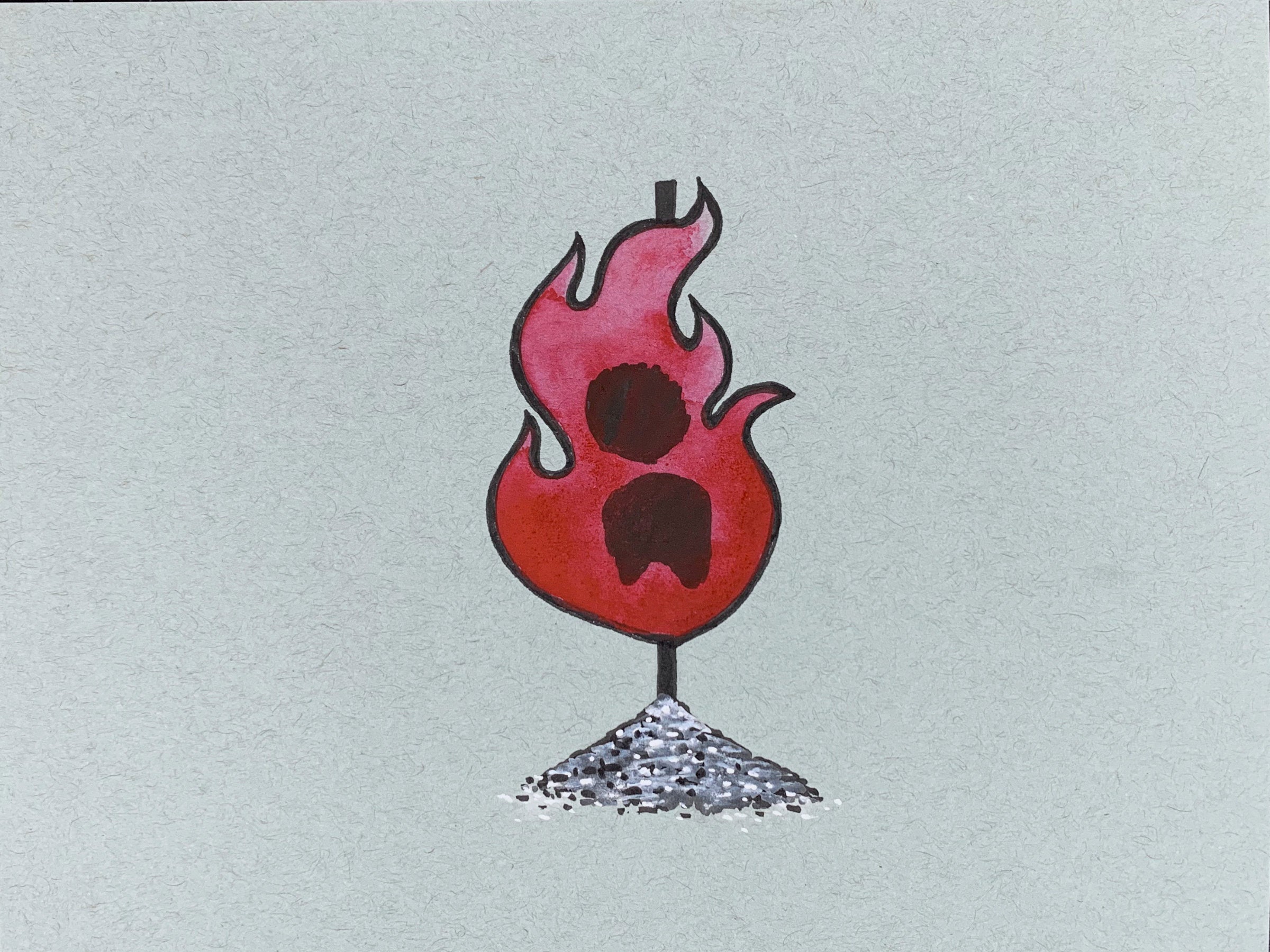 Original illustration of a burning flame engulfing a torso of a witch that's been tied to a stake and ashes below. Made using ink, watercolor, and gouache.