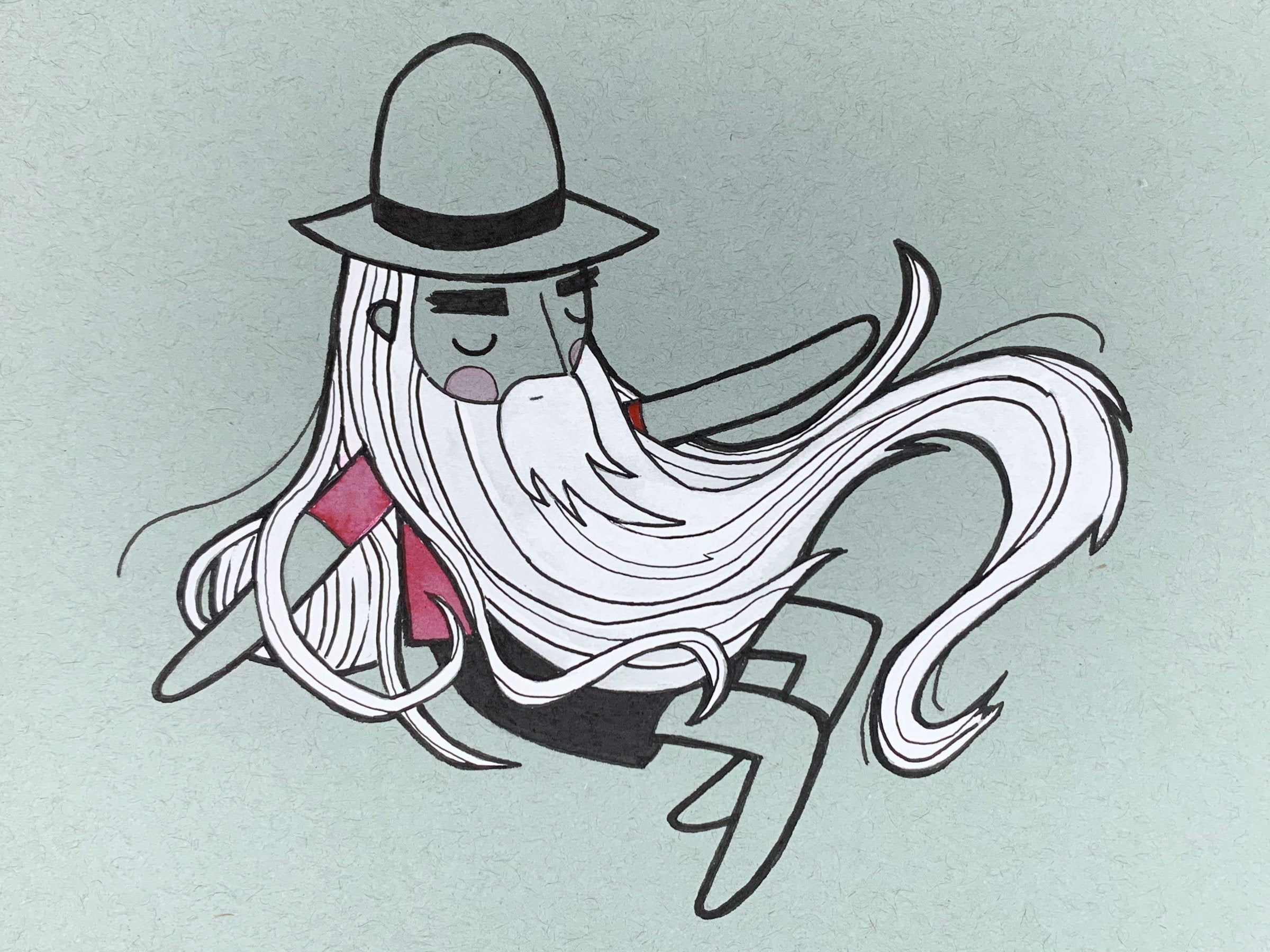 Original illustration of a sleeping Rip Van Winkle like man with a long white beard. Made using ink, watercolor, and gouache.