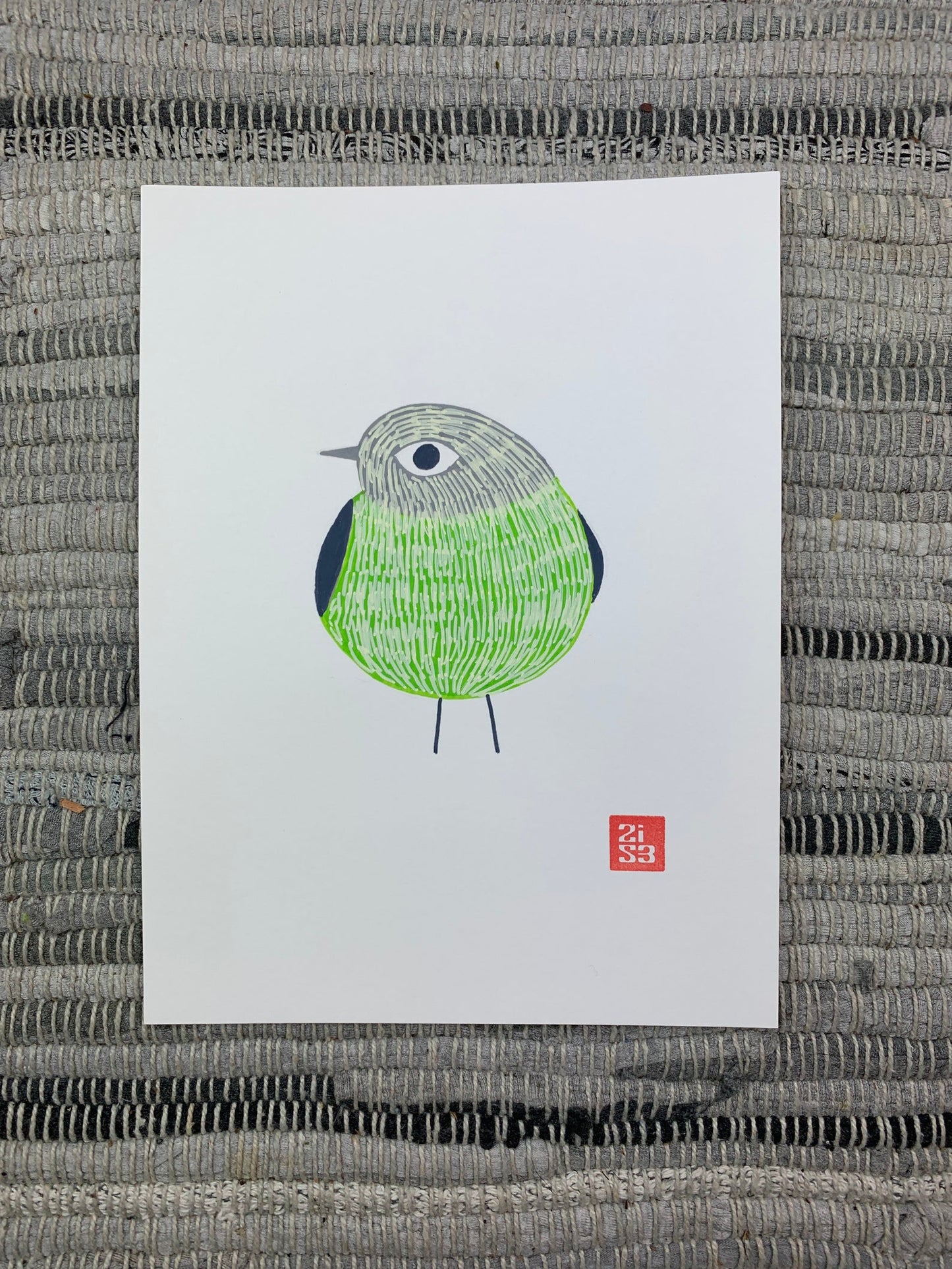 Original artwork of a little green and grey bird.